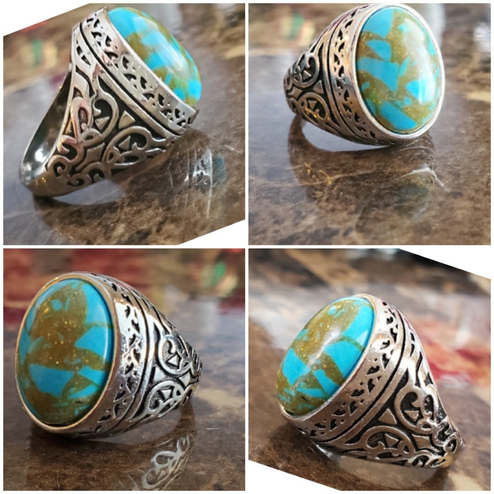 Faux Turquoise Silver Plated Ring Size 9, 10 - Picture 5 of 6